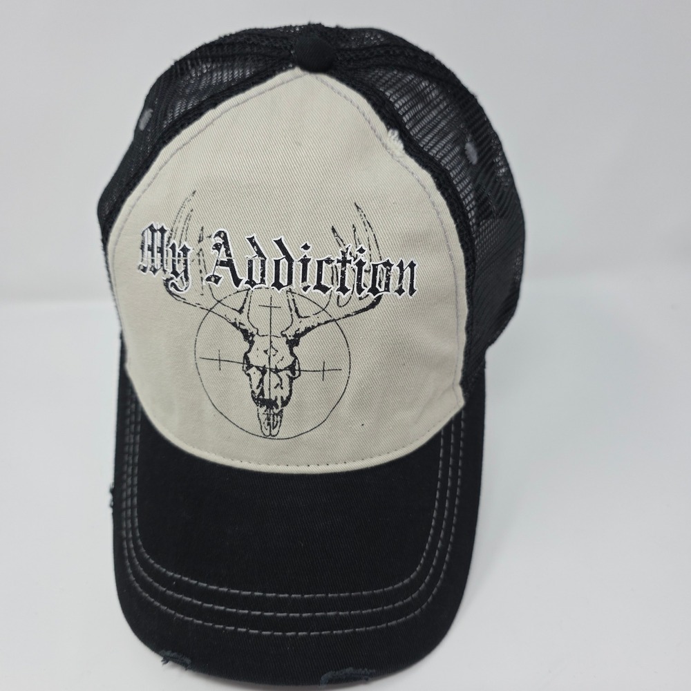 My Addiction Trucker Hat OSFM Deer Skull Graphic Distressed Snapback Black Tan